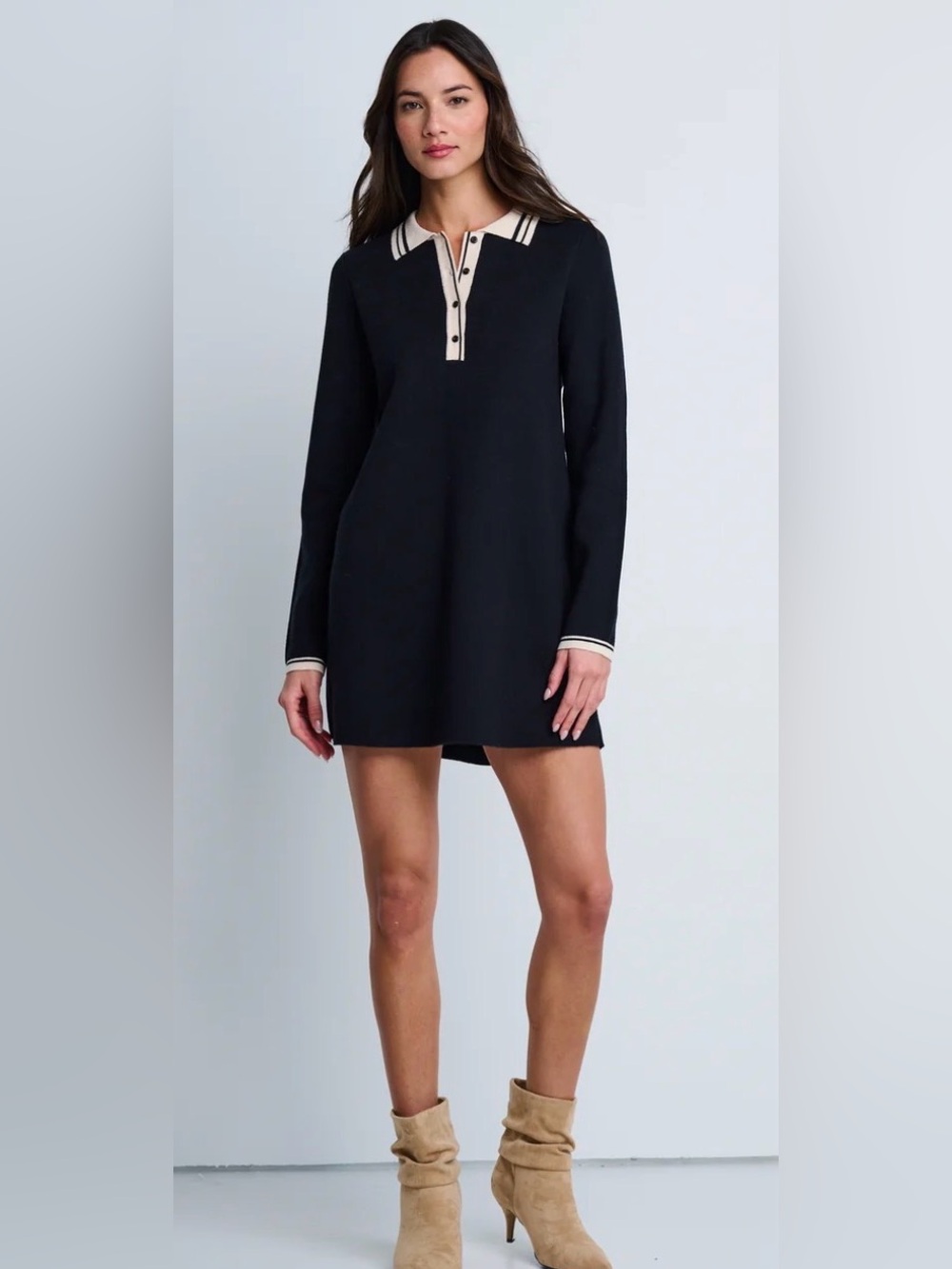 Lisa Todd Dressing Around XS Black Long-Sleeve Polo Dress with Cream Trim NEW